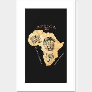 Vintage Africa Map with Big Cats Posters and Art